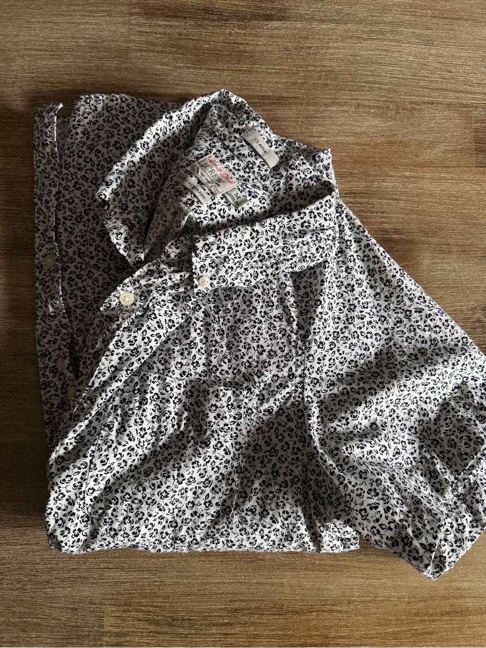 J.Crew Printed Button-Down Short Sleeve Shirt - White with Black Floral Print